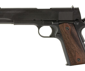 Black semi-automatic pistol with wooden grip