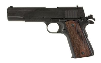 Black semi-automatic pistol with wooden grip