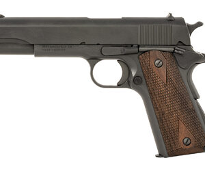 Black semi-automatic pistol with wooden grip