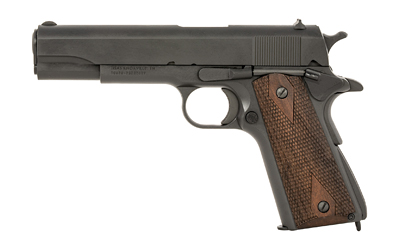 Black semi-automatic pistol with wooden grip