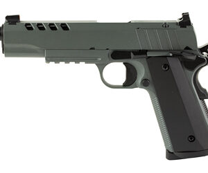 Black semi-automatic handgun on white background