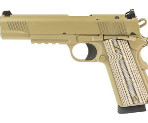Tan 1911-style semi-automatic pistol on white background
