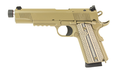 Tan 1911-style semi-automatic pistol on white background