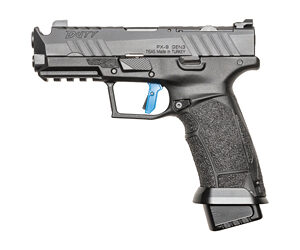 Black semi-automatic handgun isolated on white background