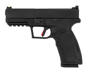 Black semi-automatic handgun on white background