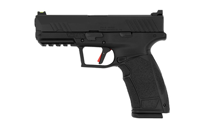 Black semi-automatic handgun on white background