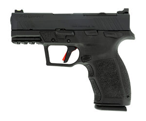 Black semi-automatic handgun isolated on white background