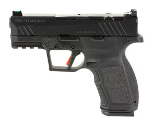 Black semi-automatic handgun on white background
