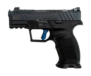 Black semi-automatic handgun on white background