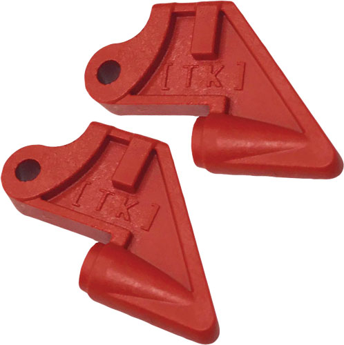 Two red plastic triangular mounting brackets