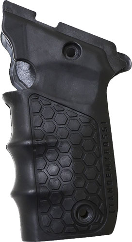 Black textured handgun grip panel with hex pattern