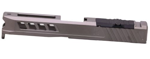Gray semi-automatic pistol slide with serrations