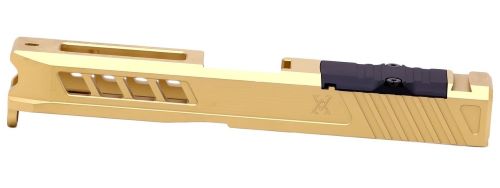 Gold handgun slide with black rear sight