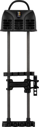 Black climbing treestand with metal frame and straps