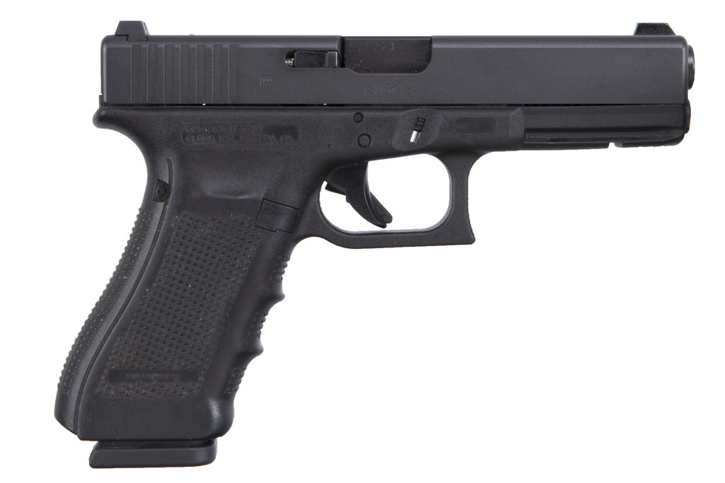 Black semi-automatic handgun on white background