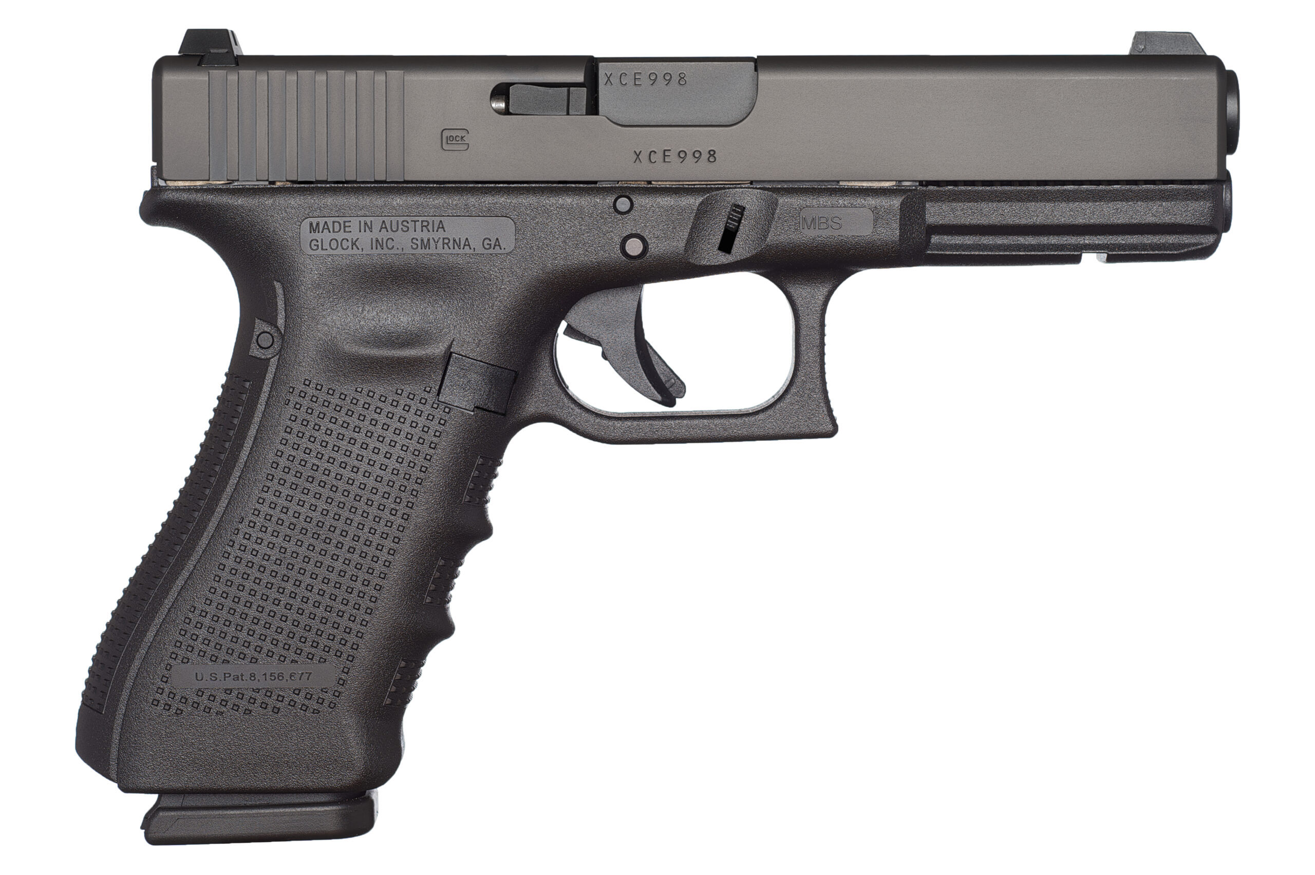 Black Glock semi-automatic pistol on white background