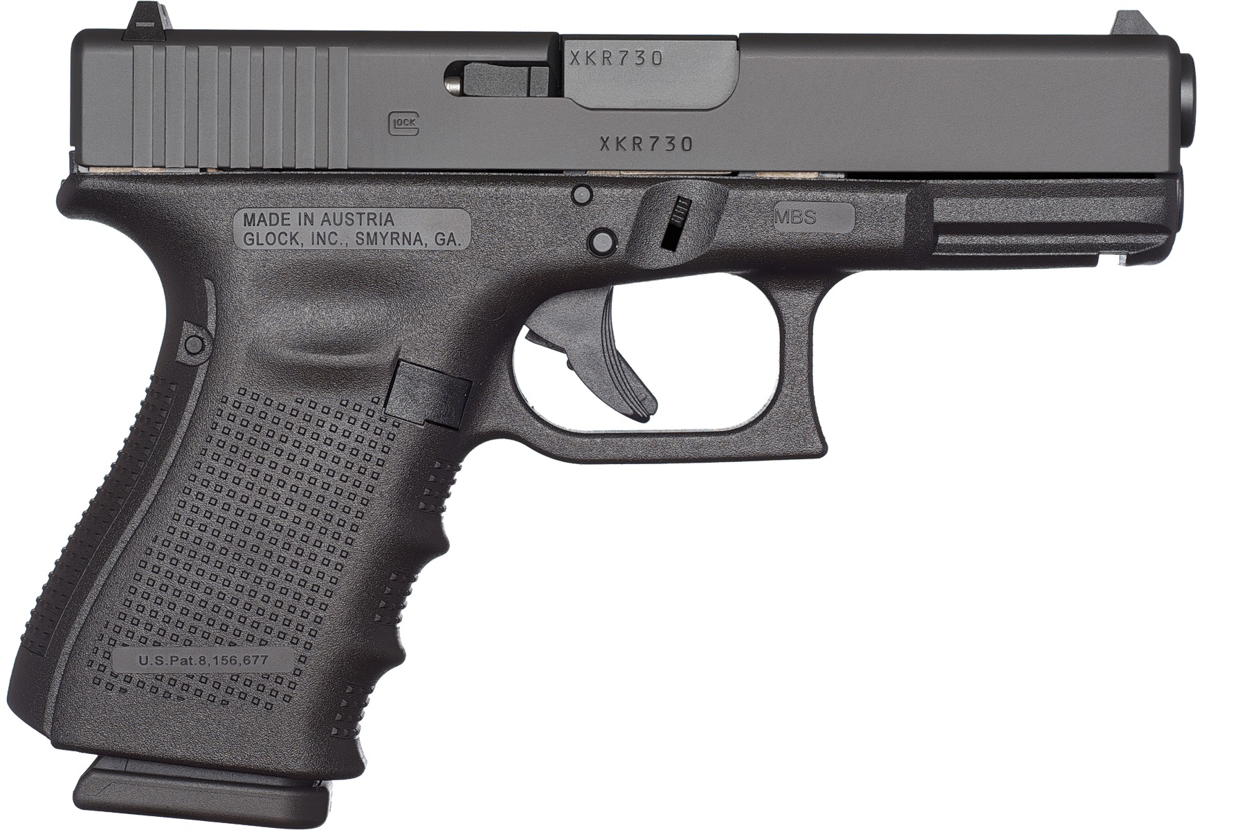 Black Glock semi-automatic pistol side view