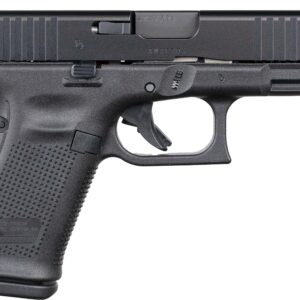 Black semi-automatic handgun on white background