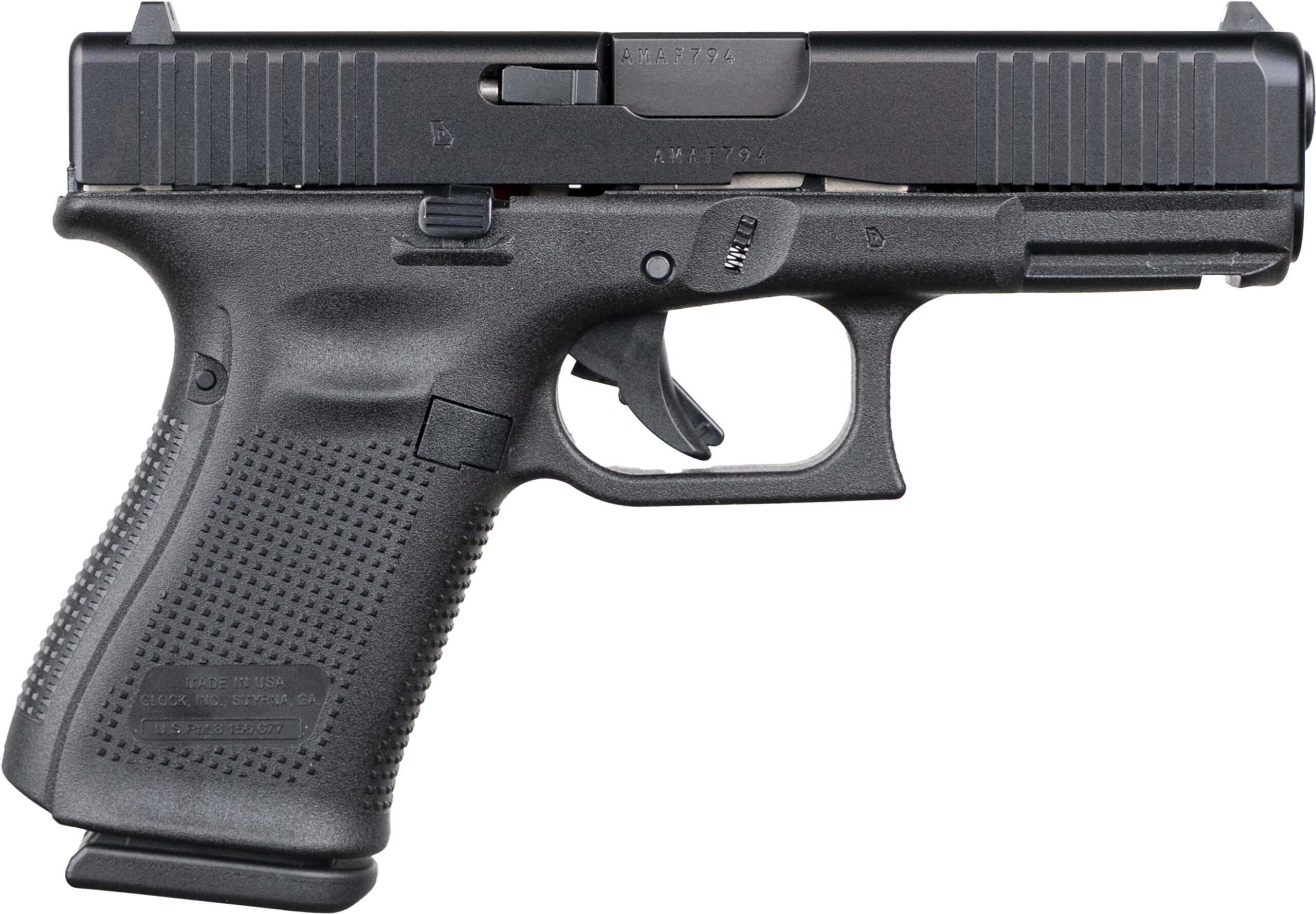 Black semi-automatic handgun on white background