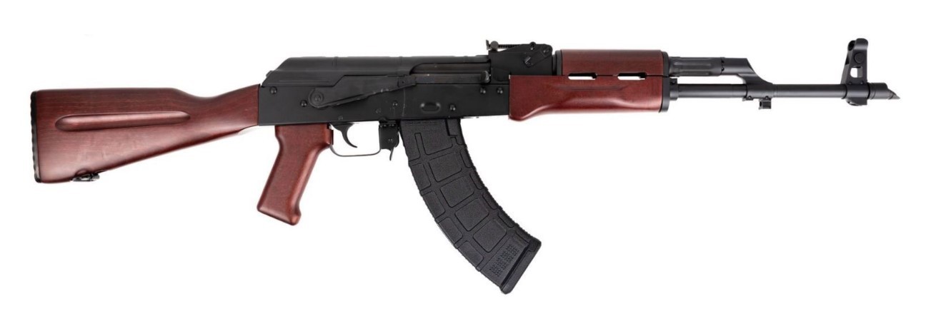 AK-style rifle with wooden stock and magazine