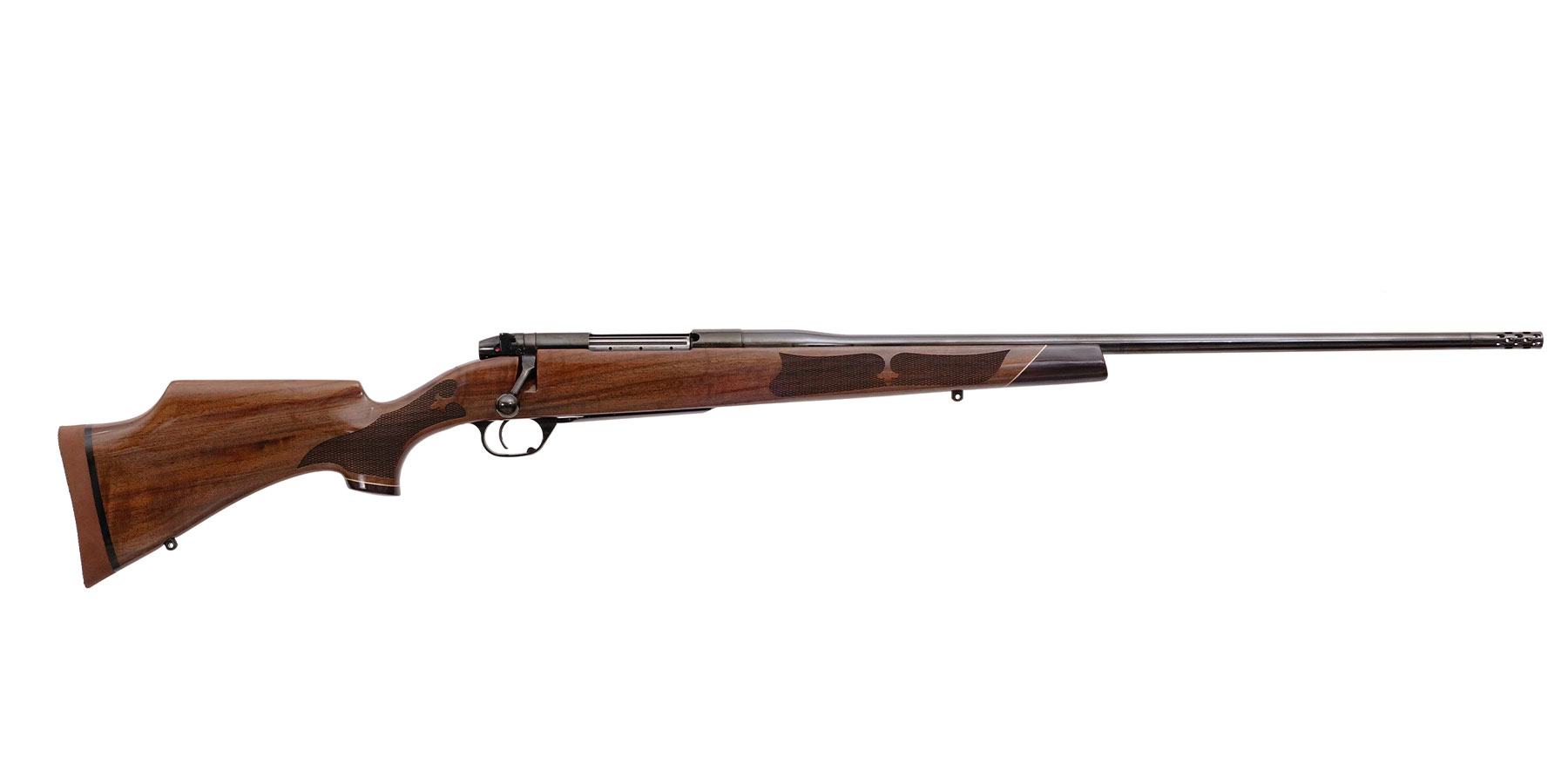 Bolt-action rifle with wooden stock on white