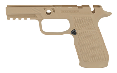 Tan semi-automatic pistol frame on white background