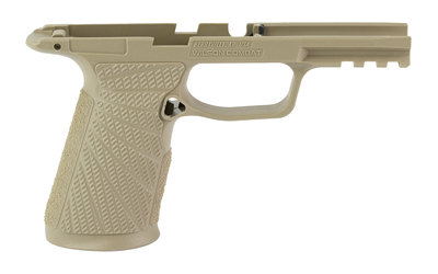 Tan polymer handgun frame isolated on white