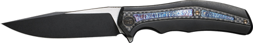 Black folding knife with decorative handle inlay