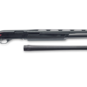 Black pump-action shotgun with additional barrel attachment