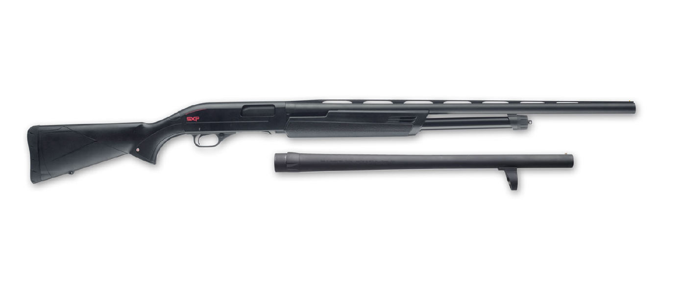 Black pump-action shotgun with additional barrel attachment