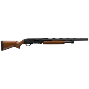 Pump-action shotgun with wooden stock on white background
