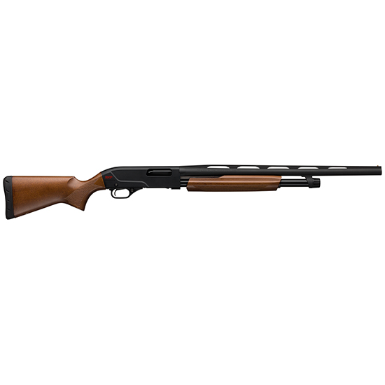Pump-action shotgun with wooden stock on white background