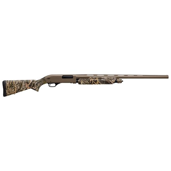 Camouflage semi-automatic shotgun on white background