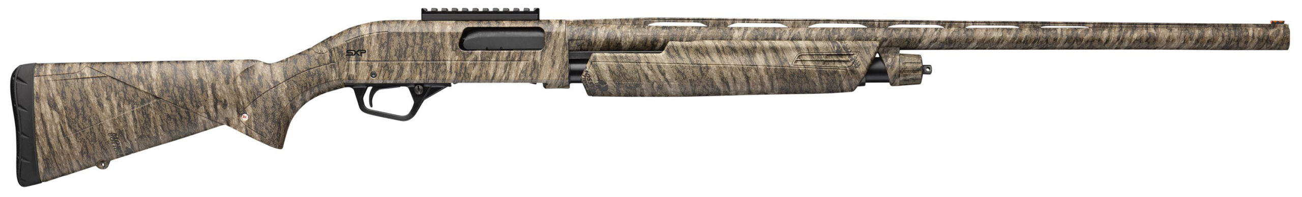 Camouflaged pump-action shotgun on white background
