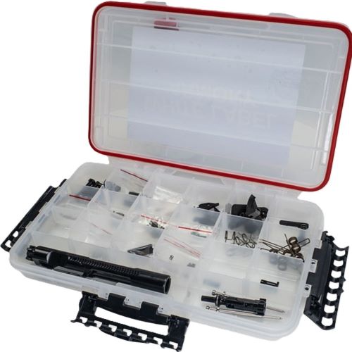 Open plastic organizer box with small hardware parts