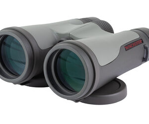 Gray binoculars with green-tinted lenses on white background
