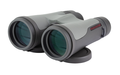 Gray binoculars with green-tinted lenses on white background