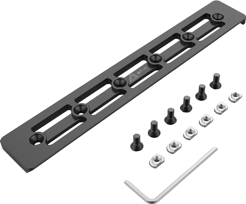 Black metal mounting rail with screws and hex key