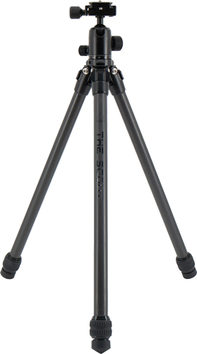 Black camera tripod isolated on white background