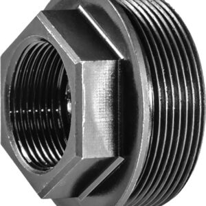 Black metal threaded pipe adapter with hex head