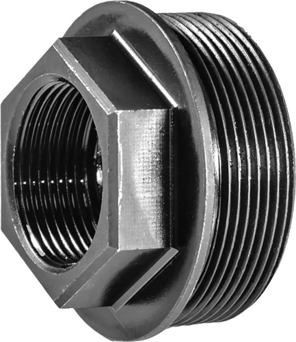 Black metal threaded pipe adapter with hex head