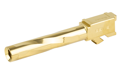 Gold-colored pistol barrel on white background