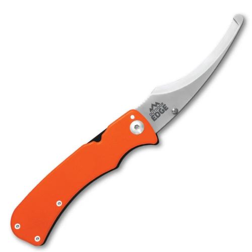 Orange-handled folding knife with curved blade