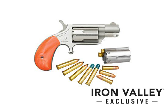Revolver with orange grip and ammunition display