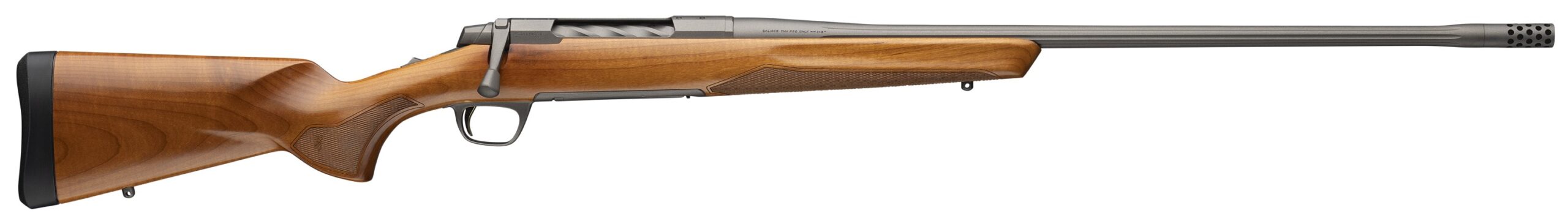 Bolt-action rifle with wooden stock and long barrel