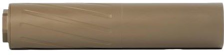 Tan cylindrical firearm suppressor on white background