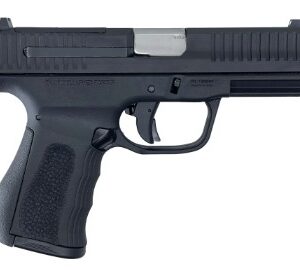 Black semi-automatic handgun on white background