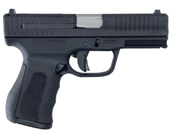 Black semi-automatic handgun on white background