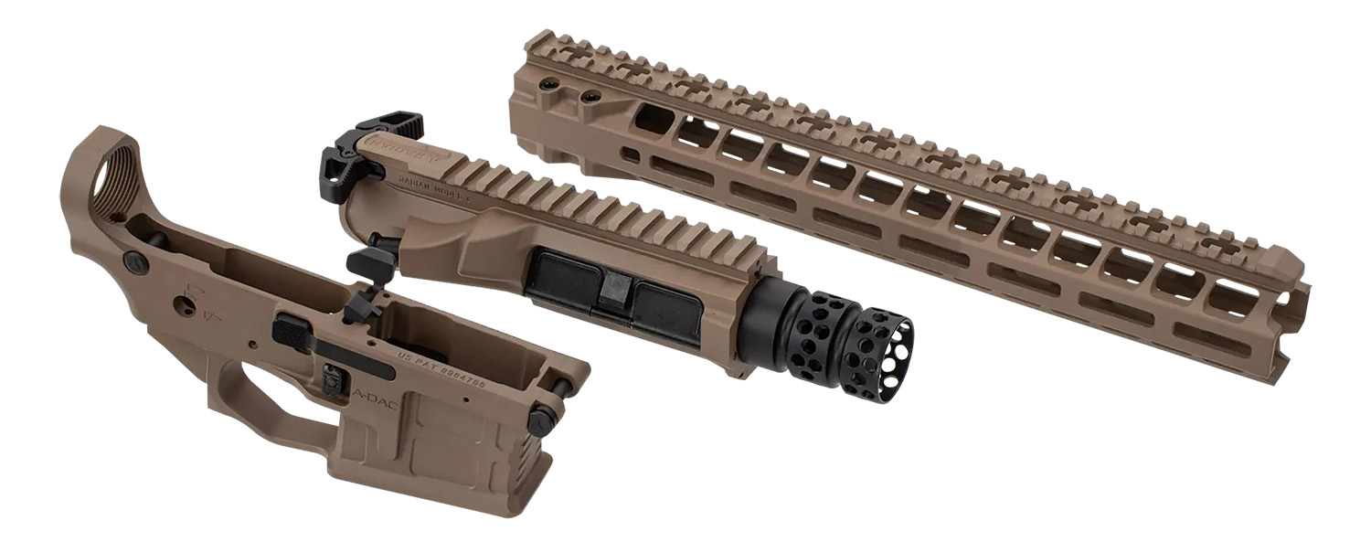 Disassembled tan AR-style rifle components