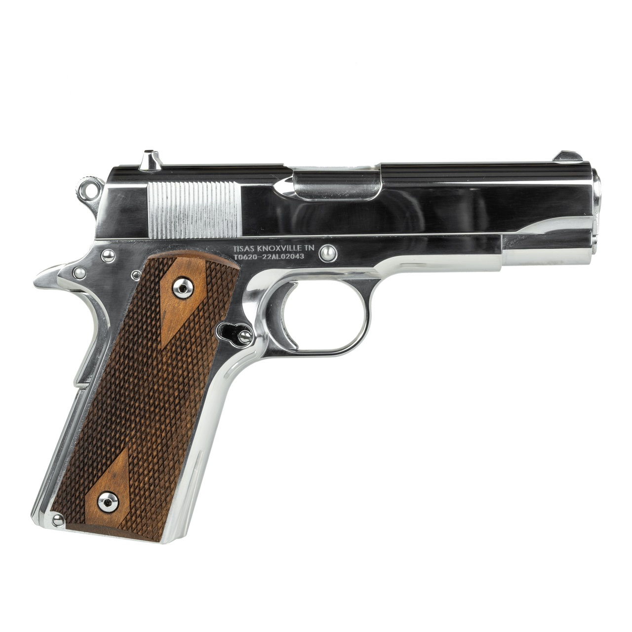 Chrome semi-automatic pistol with wooden grip